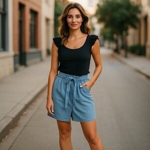 Armani Exchange Zip Denim Skirt Belted Mixed Media‎ Dress Short Sleeve Size 4